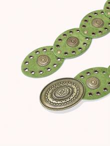 1 pezzo Cintura stile boho western da cowgirl per donna, fibbia vintage in bronzo con motivo floreale a forma di cuore, occhielli in metallo e intarsi verdi, accessorio di moda per abiti, adatto per feste, spiaggia, festival musicali - verde acido - Visualizzare 2