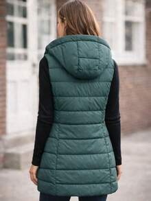 Women's Hooded Vest With Detachable Hood, Two-Way Zipper, 2 Pockets, Synthetic Down, Mid-Thigh Length, Spring/Autumn Casual - Teal Blue - View 3