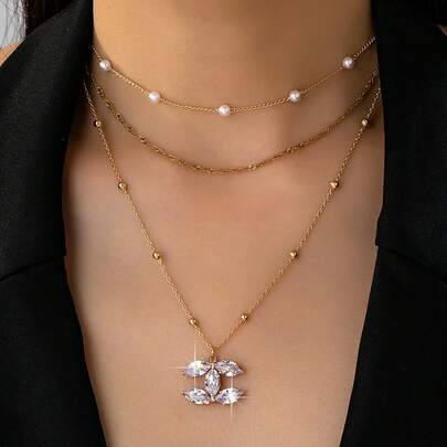 3-Layred Pearl & Crystal Necklace Set For Women, Gold Plated Faux Pearl Beaded Choker With Crystal Floral Pendant, Dainty Elegant Statement Jewelry For Daily Wear