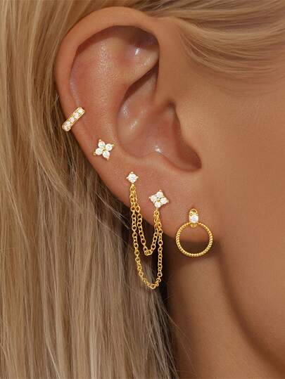 4 piezas Conjunto de aretes de aro y pendientes con flor de circonita cúbica chapados en oro, conjunto apilable elegante, joyería de boda para mujeres
