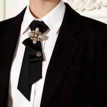 British Retro College Style Black Pearl Bow Tie With Rhinestones For Women, No-Knot Design Bow Tie Accessory - 黑色 - 查看 5