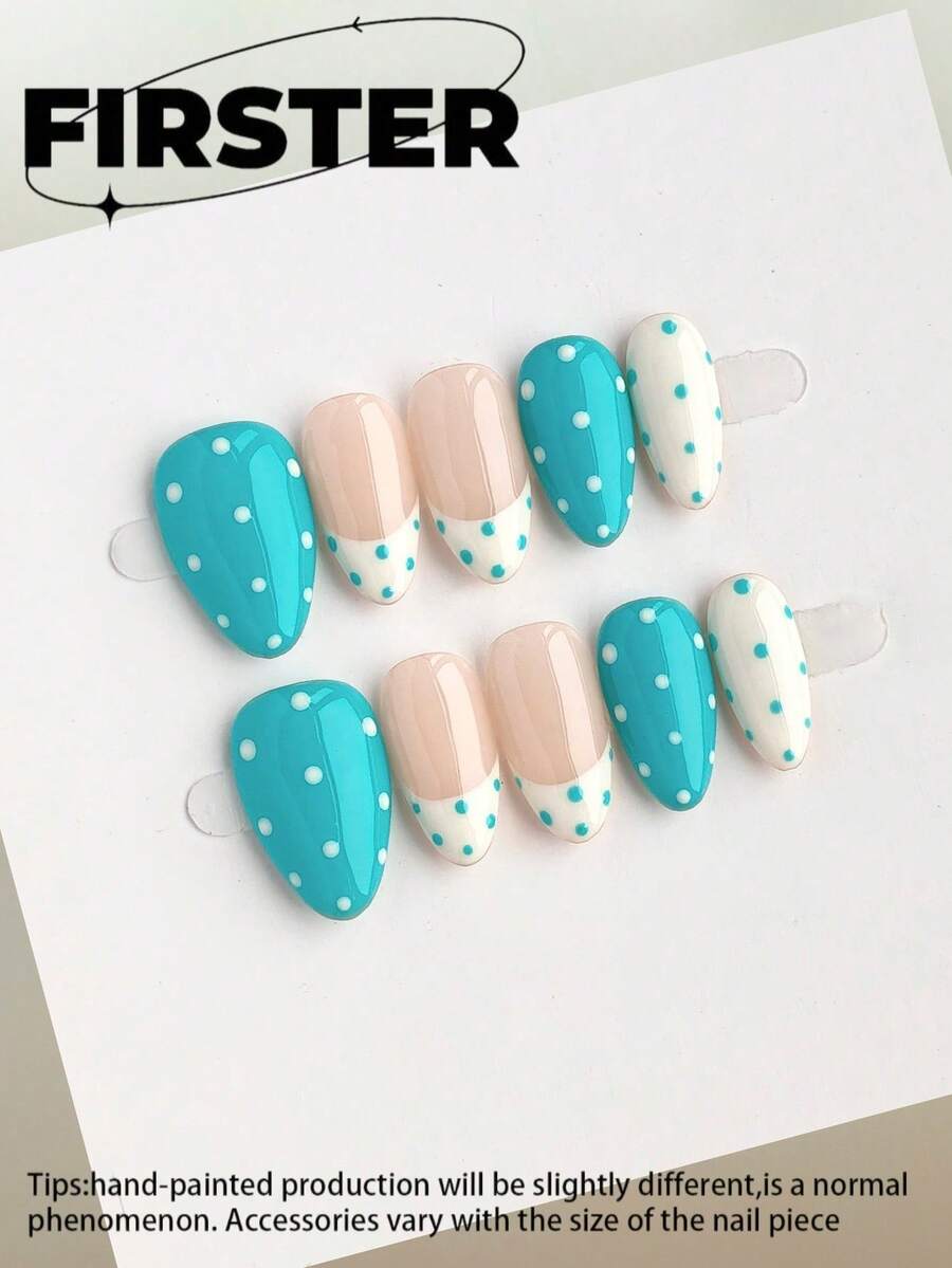 10片装短款杏仁形手工美甲贴纸，蓝色美甲贴纸，简约日常美甲贴纸，夏季美甲贴纸，亮面美甲贴纸，法式美甲贴纸，波点美甲贴纸，亚克力美甲贴纸，适合办公室、休闲约会、下午茶和户外活动。 - 彩色 - 查看 1