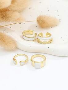 4pcs Handmade Enamel Drip Oil Geometric Shaped Rings, Exquisite Luxury French Minimalist Ring Set For Women - Gold - View 2