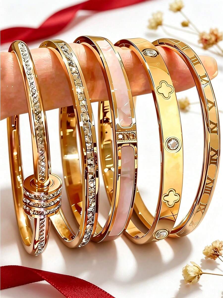 5/1pc - Luxury Titanium Steel Bracelet: Inlaid Zirconia Four-Leaf Clover And Roman Numeral Design. High-Quality Aesthetics, Suitable For Stacking, Versatile For Daily Commute. Non-Fading - An Ideal Gift For Girlfriend Or Best Friend. - Gold - View 1