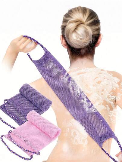 2pcs African Mesh Exfoliating Bath Towel Set, Double-Sided Design Allows Gentle Or Coarse Exfoliation, Effective Body Scrubbing, Quality Mesh Material, Convenient Tie Design, Bath Flower & Towel, Helps Smooth Skin, Suitable For Daily Use (Blue, Purple)