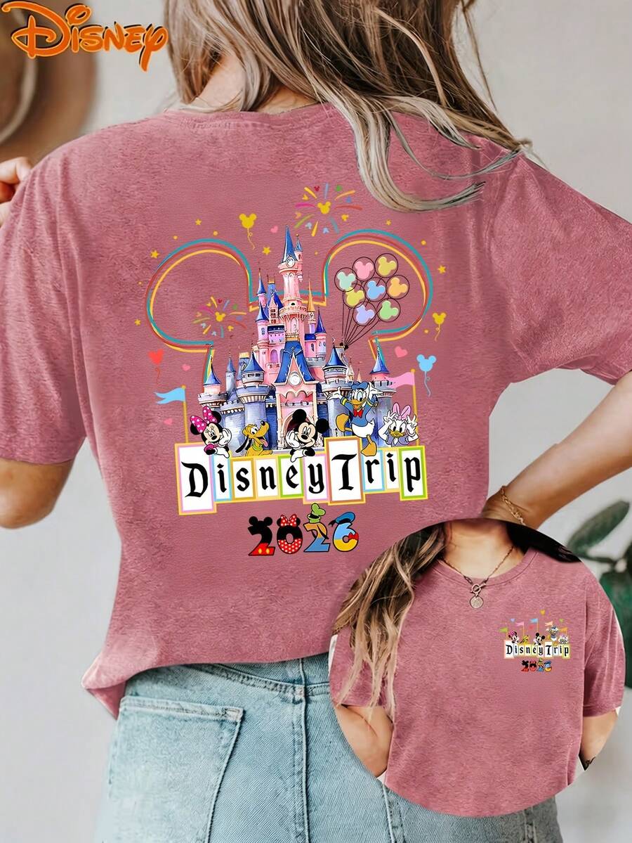 Disney License T Shirts,Disney 2026 Disney Trip Mickey Mouse And Friends Women's Graphic T-Shirt, Cute Mickey Minnie Mouse Donald Duck Daisy Duck Pluto Disney Castle Balloon Fireworks Cartoon Print Crew Neck Casual Loose Fit Short Sleeve Tee, Summer Casual Tops For Disney World Theme Park Family Vacation Daily Wear ,Camiseta, Summer Outfits For Women, Summer Clothes, Summer Tops, Tops For Women, Festival Outfits, Summer Tops For Women, Mother's Day, Mother's Day Clothing, Gifts For Family And Friends, Spring Outfits For Women, Officially Licensed Disney T-Shirts, Disney Men's And Women's Spring/Summer Fashion Casual Short-Sleeve T-Shirts - 玫紅色 - 查看 1