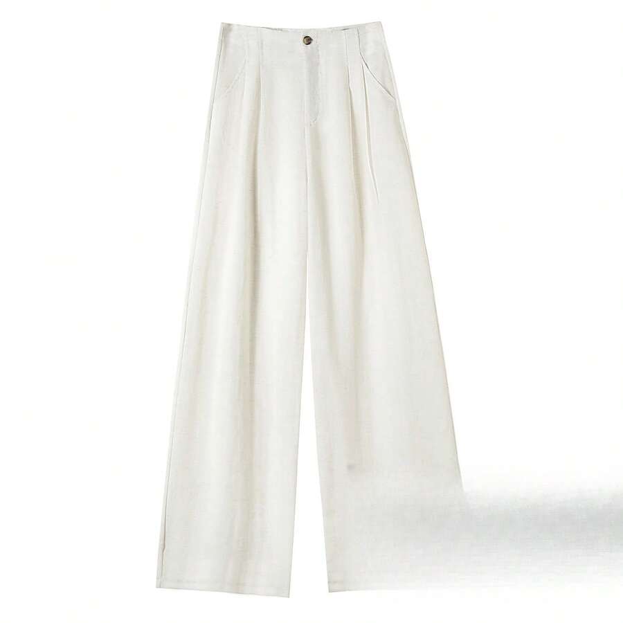 Women's  Linen Wide-Leg Pants 2026 New Summer Style High-Waisted Cotton-Linen Versatile Pink Casual Straight Pants - 白色 - 查看 1