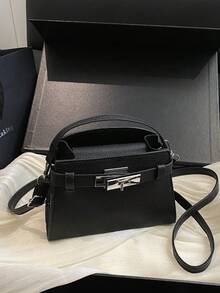 2026新款鳄鱼纹压花纯色金属扣水桶包，多功能可调节肩带斜挎包，方形配件钱包，适合日常、休闲、通勤、购物、送礼。 - 黑色 - 查看 1