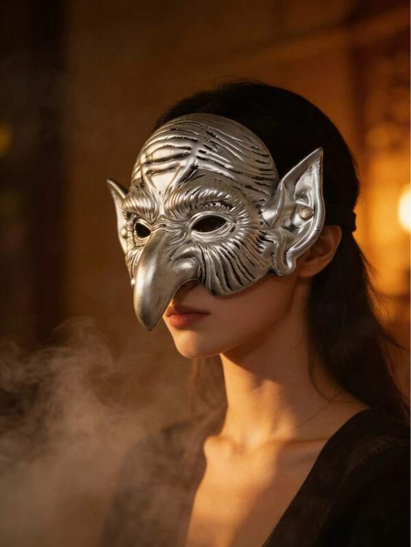 Masque de sorcière argenté couvrant la moitié du visage, masque de gobelin au long nez, masque d'elfe d'horreur, convient pour l'Halloween, le cosplay et les accessoires de costume pour les fêtes masquées