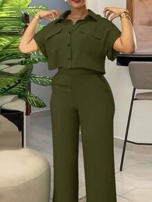 Women's Solid Color Lapel Button Front Short Sleeve Top And Long Pants Summer Casual Plus Size 2 Piece Set Elegant - Army Green - View 1