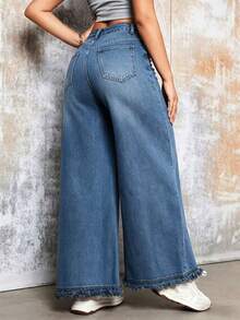1pc Women's Elegant Wide Leg Jeans - Solid Color All Season Washed Mid-Stretch Woven Fabric - Fringed Hem Casual - Medium Wash - View 4