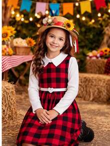 Red And Black Checkered Girl's Dress With Long Sleeves And Peter Pan Collar – Stylish Girl's Festa Junina Outfit - Kẻ caro đỏ - Xem 2