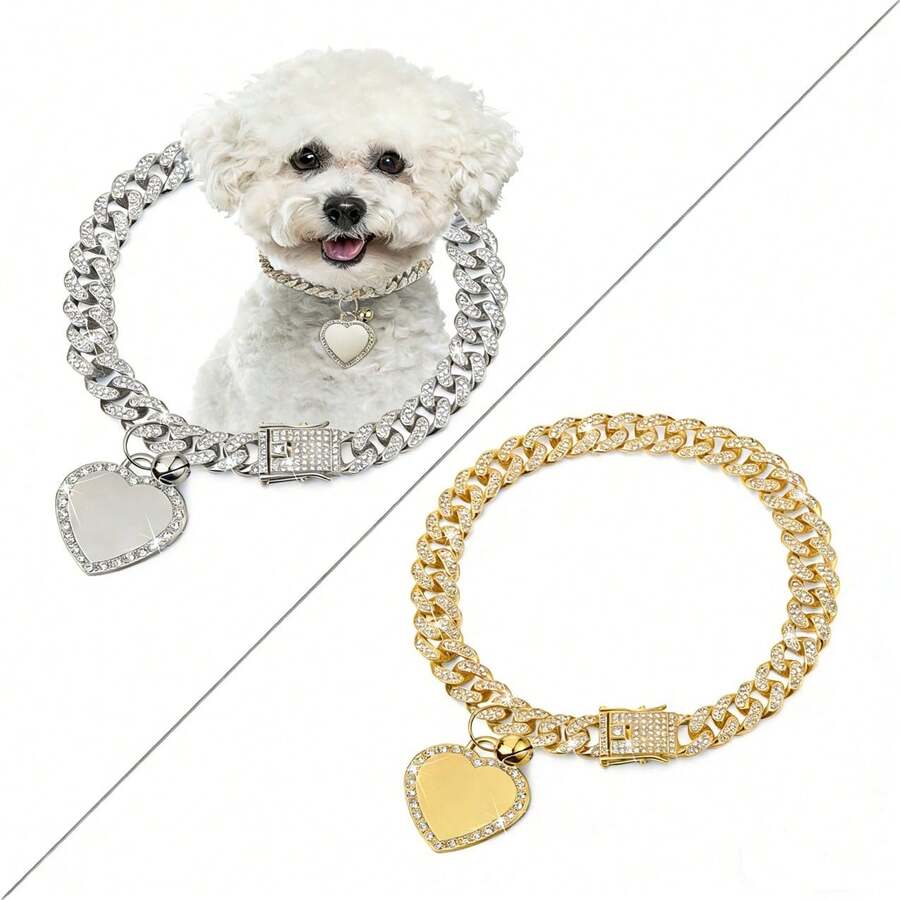 2pcs Heart-Shaped Luxury Rhinestone Pet Necklace, Elegant And Eye-Catching, Durable And Easy To Wear, Adjustable Design Suitable For Cats And Dogs - Multicolor - View 1