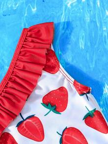 Girls' One-Piece Swimsuit, Featuring Sweet & Cute Style With White Base And All-Over Strawberry Print, Complemented By Red Ruffle Trim, Asymmetric Design With Wide Single Strap & Thin Strap For Fashionable Look, Lively & Playful Style Suitable For Low-Age Girls, Ideal For Swimming Pool, Beach And Other Water Activities. - Red - View 5