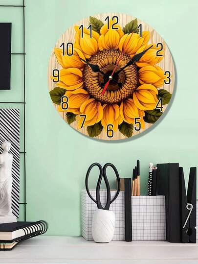 1 Chiếc đồng hồ treo tường hình hoa hướng dương bằng gỗ, kích thước 10 inch/12 inch, không gây tiếng ồn - Màn hình kỹ thuật số, hình tròn, không tiếng tích tắc, thích hợp trang trí phòng ngủ và phòng khách - Sử dụng pin AA (không kèm pin) - Dành cho những người yêu thích trang trí nhà cửa - Món quà tân gia hoàn hảo.