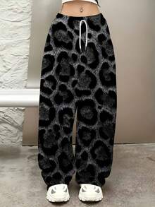 Women Casual Loose Fit Wide Leg Pants Black Gray Leopard Print Sweatpants Comfortable Drawstring Waist Design Perfect For Everyday Wear And Light Exercise Activities - Nhiều màu - Xem 2