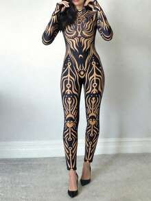 New Sexy Bodycon Round Neck Long Sleeve Contrast Color Jumpsuit For Women Black Spring Elegant - Black - View 5