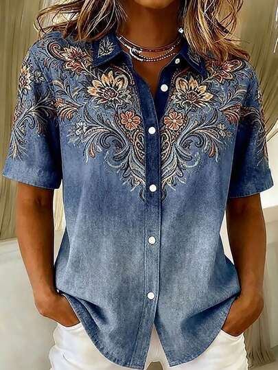 Vintage Western Style Printed Plus Size Women Button Down Short Sleeve Shirt