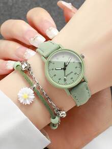 Bộ 2 chiếc đồng hồ nữ thạch anh kiểu dáng thường ngày, dây đeo họa tiết hoa, mặt số tối giản, không kèm hộp đựng đồng hồ. - màu xanh lá - Xem 2