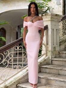 Contrast Color Oblique Shoulder Rhinestone Chain Dignified Bandage Evening Gown Spring Pink Party Wedding - Pink - View 1