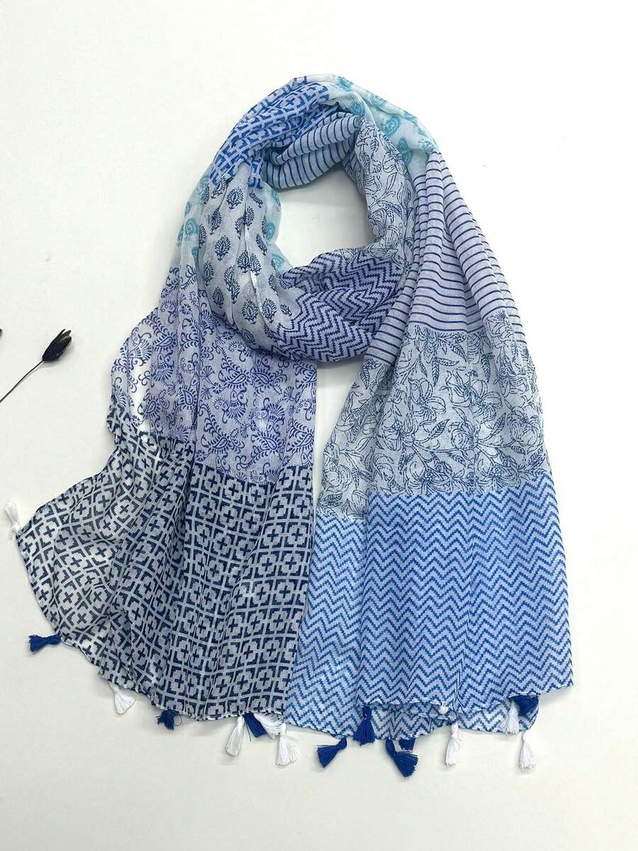 1条轻盈印花流苏围巾，优雅时尚的女士披肩，透气雪纺材质，适合春夏穿着，用途广泛，可用于户外、海滩、头巾、假日等场合。 - 藍色 - 查看 1