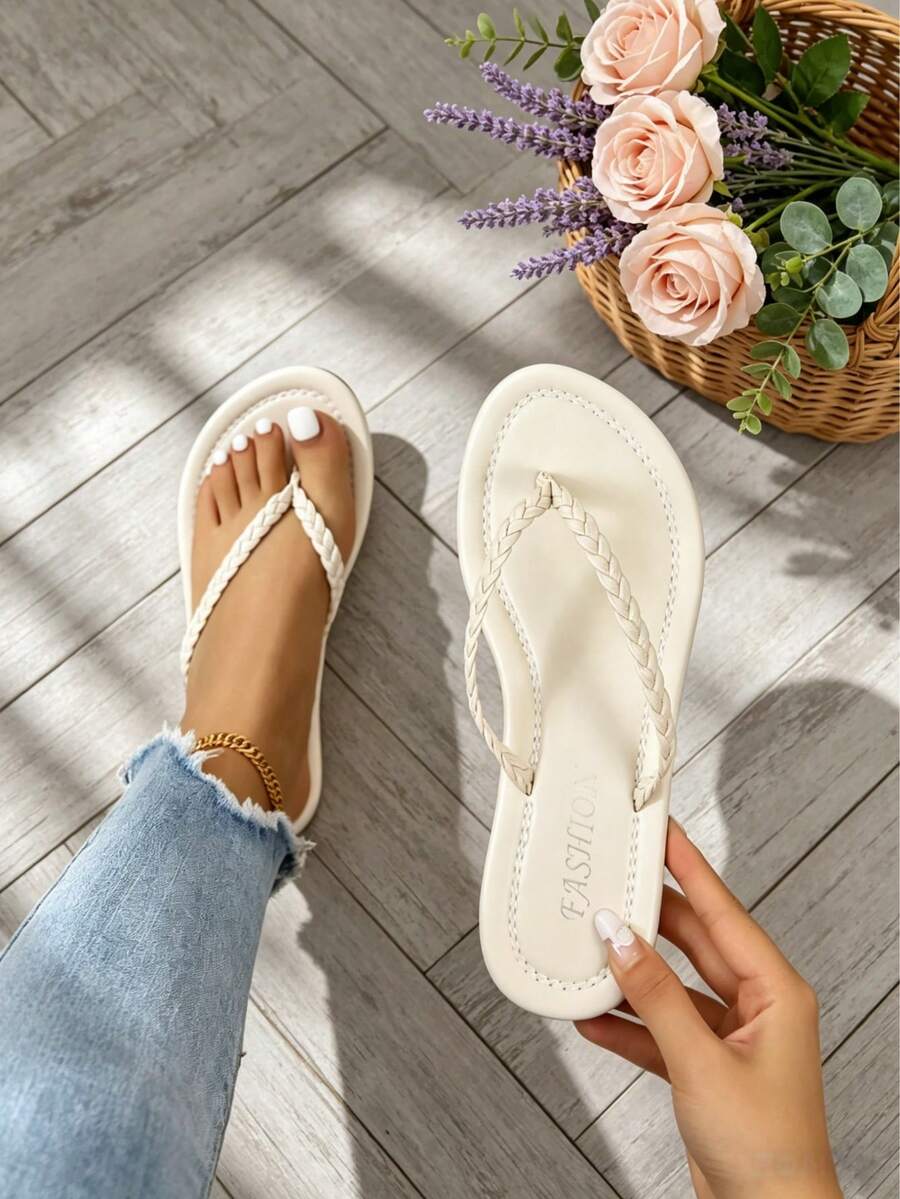 Women Braided Detail Thong Sandals, Vacation Sandals - 白色 - 查看 1