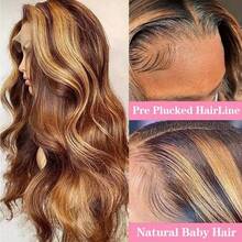 28英寸 #4/27 蜂蜜金渐变挑染蕾丝前假发，真人前额发丝，200%密度，巴西原生发，13x4、13x6、5x5 波浪卷蕾丝前假发，预先拔毛，无胶蕾丝前假发，真人混纺发，女士适用 - SP4/27 - 查看 7