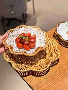 1 chiếc khay mây đan, dùng để bày đồ ăn nhẹ, tráng miệng, trà, trái cây, bánh ngọt, dùng trong phòng khách, đựng bánh mì, trái cây, đĩa đựng trái cây khô. - Xem 1