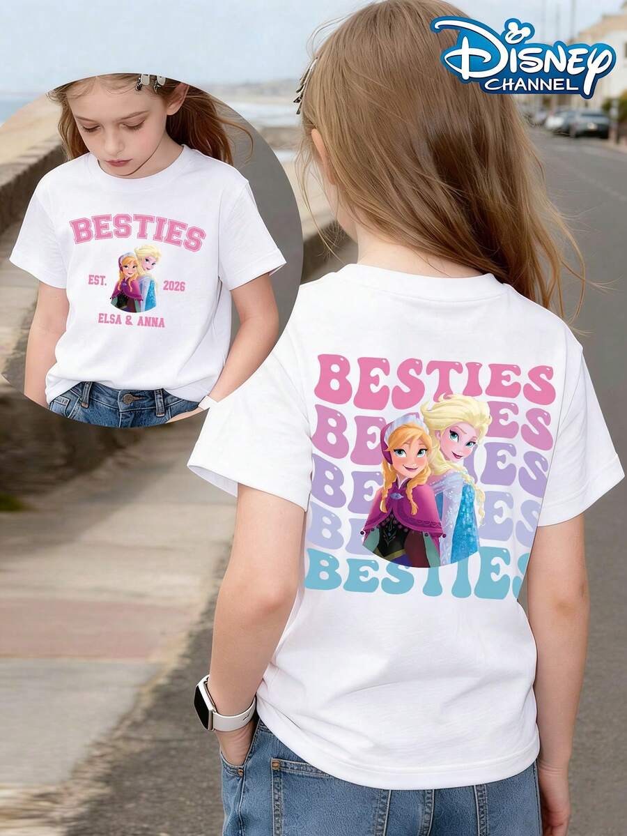 Disney's Frozen, BESTIES - ELSA & ANNA Best Friends' Uniform, Gradient Overlay BESTIES, Elsa And Anna Together, Sweet And Adorable Print Pattern Summer Tops,Short-Sleeved Casual And Cute Style Children's Clothing Design, Girl Clothes,Boy Kids Clothes ,Ropa Para Niños,Teen Girls Clothes, Summer Clothes,Boys Summer Outfits,Boys Clothes,Perfect For Cool Girls. Comfortable And Breathable Children's Short-Sleeved T-Shirt. Comfortable And Casual Wear All Year Children's Clothes,Comfortable & Lightweight, Iconic Print For Mix-And-Match Outfits,Suitable For Both Boys And Girls. - 白色 - 查看 1
