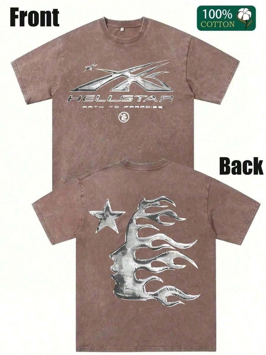 Men's Printed Pattern Washed T-Shirt - Casual Loose Summer T-Shirt With Star And Flame Design, Adult Brown 100% Pure Cotton Round Neck Shirt, Breathable T-Shirt| Avant-Garde Casual Wear| 100% Pure Cotton Printed T-Shirt - Coffee Color - 查看 1