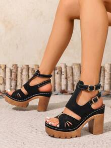 1 Pair New Fashion Women's Hollow-Out Comfortable Chunky Heel Sandals, Suitable For Going Out, Party, Commuting, Outdoor Wear - Black - View 3