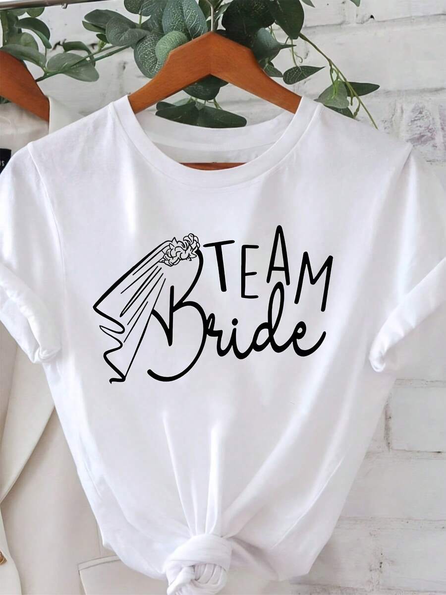 Minimalist Plus-Size T-Shirt, "" Bridesmaid Group Print, White Short-Sleeve Round-Neck Printed T-Shirt -, Suitable For Spring, Summer, And Autumn, Casual Style, Comfortable Fit, Fashionable Design, Versatile For Everyday Wear, Soft, Style. High-End Solid Color Loose T-Shirt For Women - White - View 1