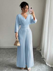Women's Jumpsuit With Wide-Leg Pants, V-Neck, Overlay, Elegant, Fitted Waist, And Pleats. - 淺藍色 - 查看 7