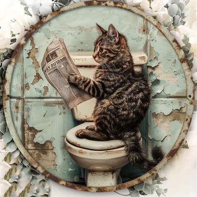 2D Flat Design, [2D Flat] 2D Flat Printed Metal Iron Wall Decor 1pc, Elegant Vintage Cat Sign, Philosophical Cat Restroom Pattern, Suitable For Cafe, Living Room Wall Decor, Unique Gift, Size 8.0x8.0 Inches, 2D Flat (Random Hole Position)