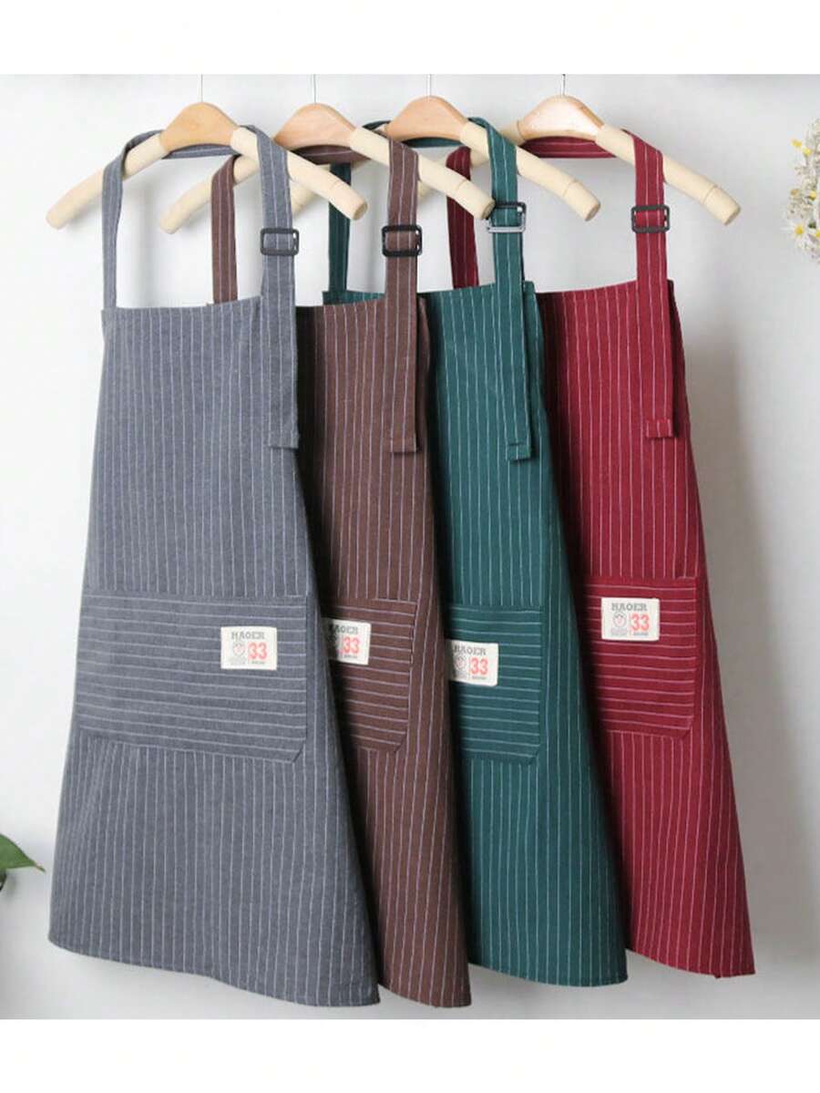 1pc Linen Chef Apron, Striped Pattern, Adjustable Shoulder Straps, Fashionable Double Pockets, Kitchen Essential, Stain-Resistant And Easy To Clean, Suitable For Kitchen Cleaning, Seafood Cooking, Outdoor BBQ, Camping And Picnic