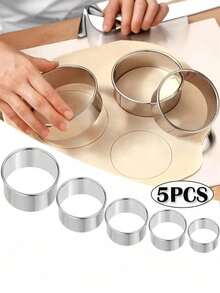 5pcs Stainless Steel Round Cookie Cutter Set, Includes Round Cookie Cutter, Donut Cookie Cutter, Fruit Slicer, Cake Mold, No Electricity Needed, Multi-Functional Baking Tools For Dumplings And Cookies - Multicolor - View 9