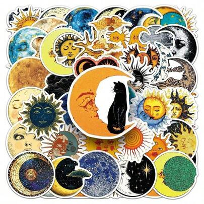 50张复古哥特奇幻日月星空贴纸套装，卡通日月星辰趣味装饰涂鸦美学贴纸，防水乙烯基贴纸，适用于水瓶、保温瓶、吉他、行李箱、手机、手机壳、笔记本电脑、滑板，是馈赠佳品。