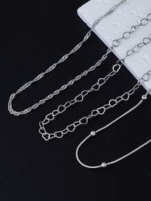 3pcs Stainless Steel Heart Beaded Multi-Layer Bracelet Set, Unisex Accessories For Daily, Work, Party - Silver - View 5