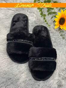 Women's Black Faux Fur Flat Slippers, Open Toe Fluffy House Shoes With Rhinestone Strap, Shiny & Comfortable Indoor Slides - Black - View 1
