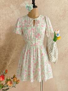 Temptaria Women's Casual Outing French Ruffle Sleeve Spring Ditsy Floral Midi Dress Elegant Summer - Multicolor - View 1