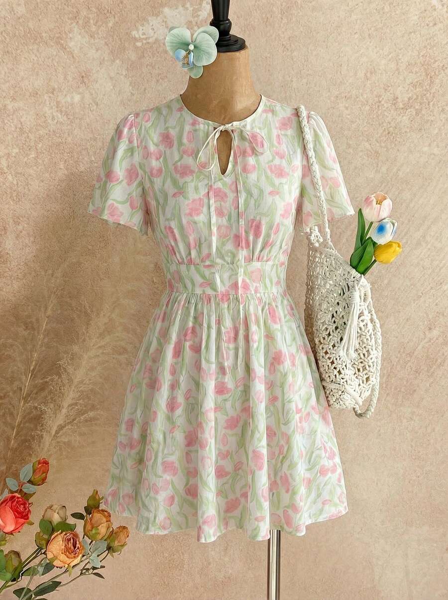 Temptaria Women's Casual Outing French Ruffle Sleeve Spring Ditsy Floral Midi Dress Elegant Summer - Multicolor - View 1