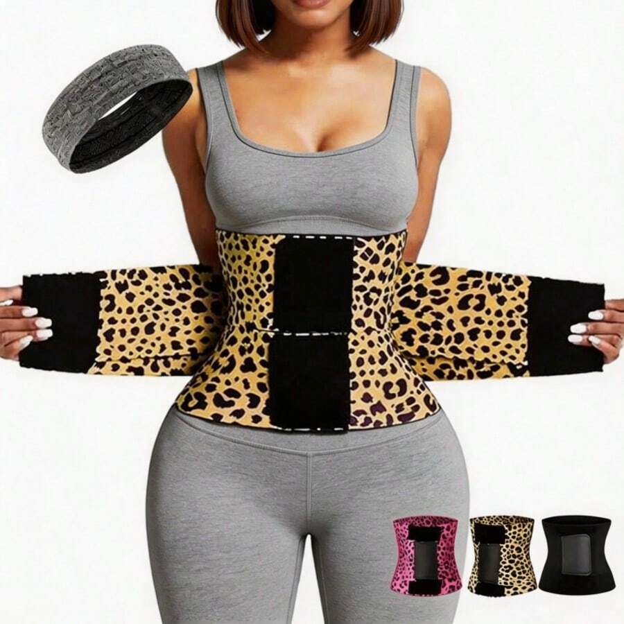 1PCWomen's Comfortable Nylon Adjustable Multi-Color Triple-Wrap Waist Cincher Belt – Tummy Control Body Shaper, Slimming Sexy Waist Trainer For Holiday & Festival Wear - 黃色豹紋 - 查看 1