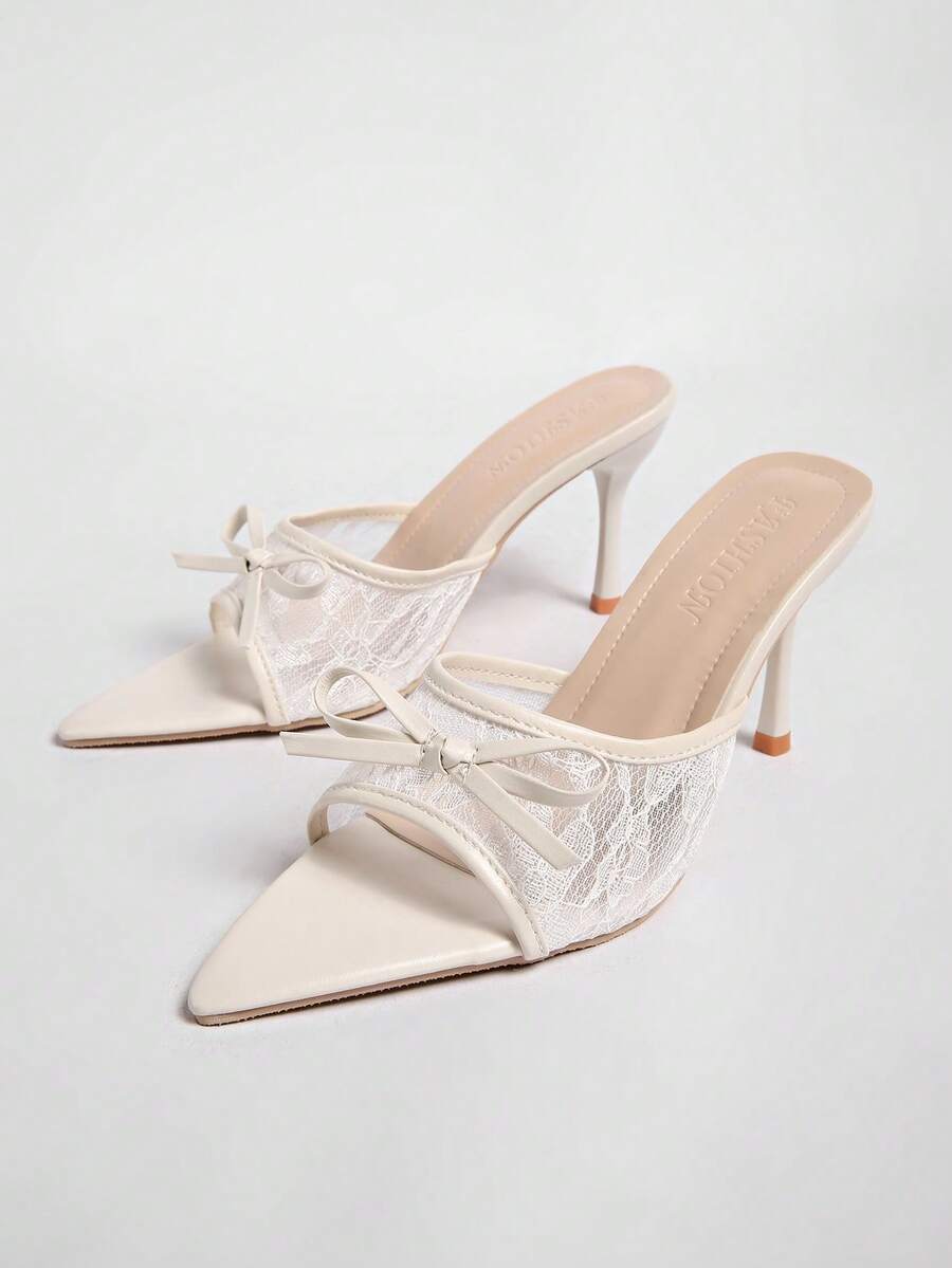 Sandalias de tacón alto con lazo y encaje, estilo hada con punta abierta y una correa, verano 2026 - Beis - Ver 1