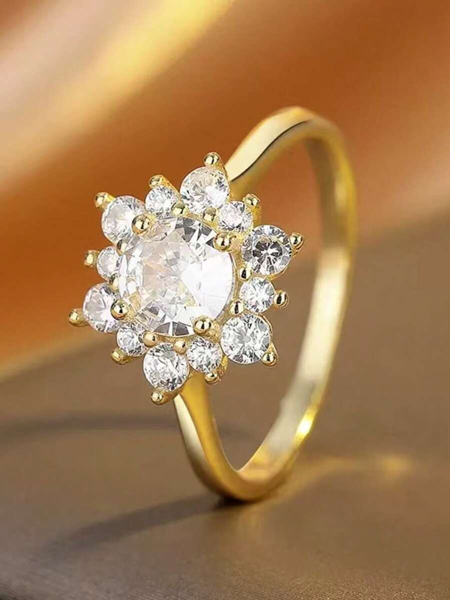 1 chiếc nhẫn nữ hình hoa 6 chấu, vàng 18K sang trọng đính đá Cubic Zirconia lấp lánh, kiểu dáng bông tuyết hình học 6 chấu dành cho nữ. - hoa - Xem 1