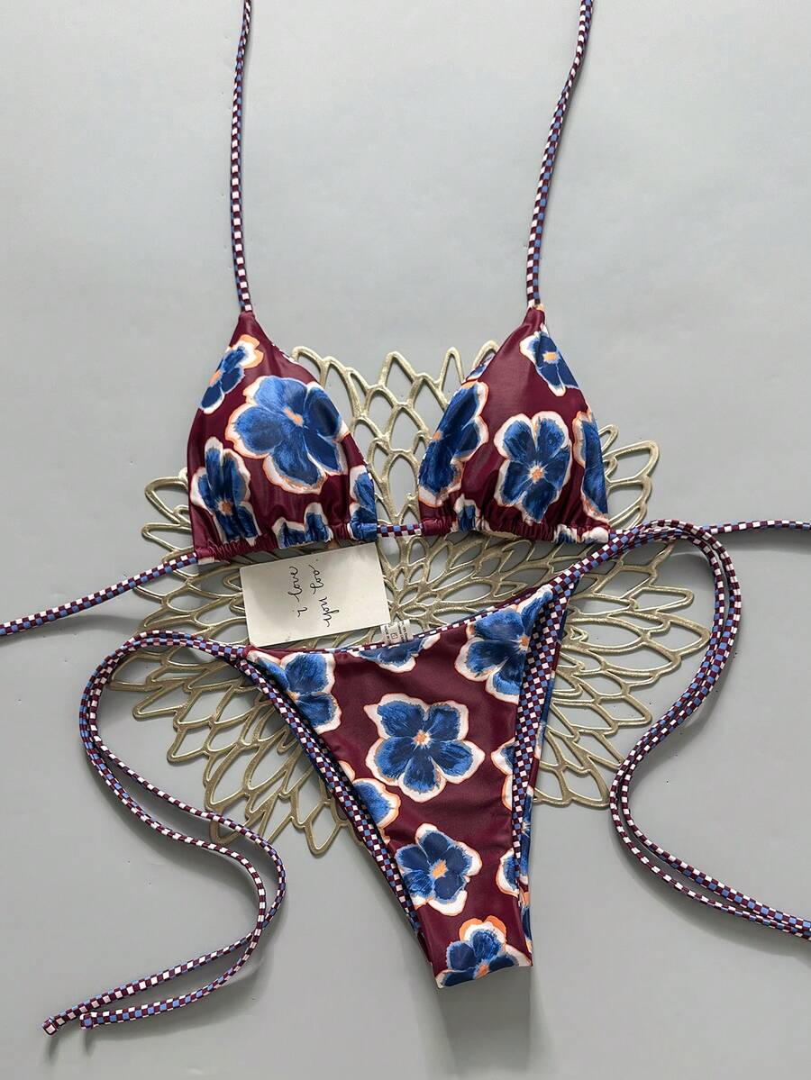 2pcs Retro Floral Colorblock Plaid Print Bikini Swimwear, Suitable For Beach, Pool, Cruise, Party In Spring And Summer Vacation