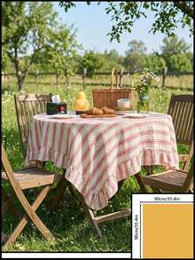 1pc Light Red Fresh Striped Ruffle Tablecloth, American Farmhouse Style Minimalist Decor, Rectangular For Dining Table, Coffee Table, TV Stand, Entryway, Suitable For Holidays, Parties, Weddings, Banquets, Home, Office, Outdoor Picnic, All Seasons - Red - View 20