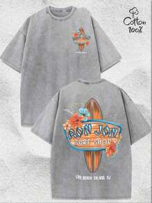 Surf Shop Logo With Surfboard And Tropical Flowers Graphic Print Cool Stylish T-Shirt For Mens,Summer Avant-Garde Casual Loose Breathable T-Shirt, Crew Neck Pullover, Slightly Stretchy Soft Fabric, Fashionable Design, Ideal For Daily Outings, Personality Style[Street Comfort Cotton T-Shirt] - Xám - Xem 6