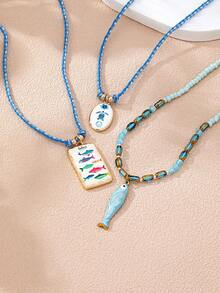 Juego de 3 Collares Boho en Capas para Mujeres, Collares de Cadena de Cuerda Tejida a Mano con Colgante de Esmalte, Joyería Bohemiana de Estilo Tropical para Uso Diario - Conjunto de collar con colgante geométrico de pez pequeño - Ver 4
