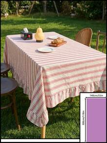 1pc Light Red Fresh Striped Ruffle Tablecloth, American Farmhouse Style Minimalist Decor, Rectangular For Dining Table, Coffee Table, TV Stand, Entryway, Suitable For Holidays, Parties, Weddings, Banquets, Home, Office, Outdoor Picnic, All Seasons - Red - View 16