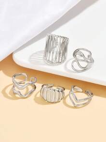 5pcs Geometric Asymmetrical Line Stainless Steel Ring Set, Elegant Hollow Streamlined Open Ring, 18K Gold Plated Waterproof Tarnish Resistant Jewelry For Daily Wear - Geometry - View 8